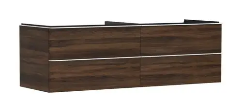 Waschtischunterschrank in dunklem Holzdesign mit vier Schubkästen. Markenname: Hansgrohe. Geeignet für Konsolen-Aufsatzwaschtisch.